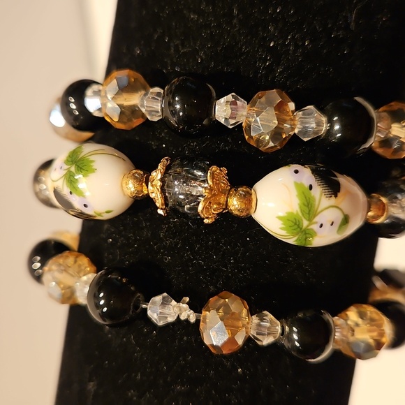 3 Black & White & Goldtone Glass & Crystal Beaded Stretch Bracelet Set - Picture 6 of 9